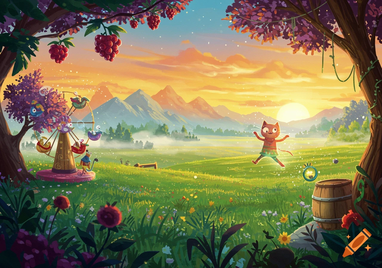 A vibrant illustration of a jumping cartoon cat in a whimsical fantasy landscape with a ferris wheel and berries at sunset.
