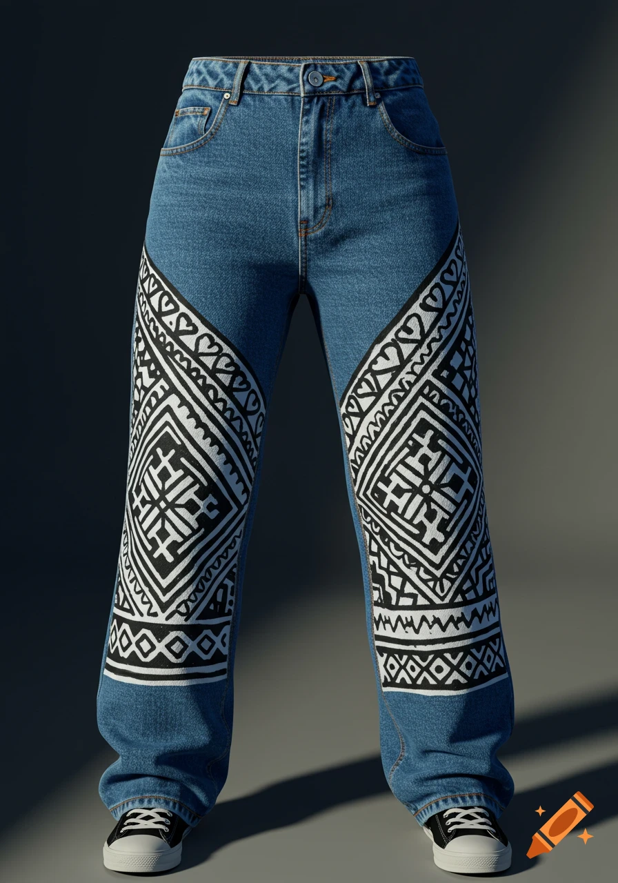 Photorealistic blue baggy jeans featuring black and white geometric Keffiyeh-inspired patterns on the legs, standing on a grey surface.