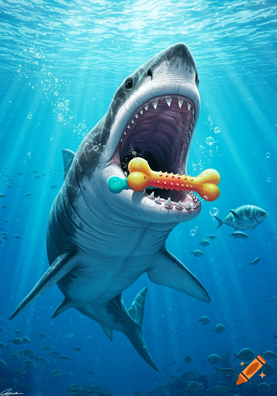 An illustration of a large shark with an open mouth holding a yellow and orange bone dog toy underwater, with light rays and fish.