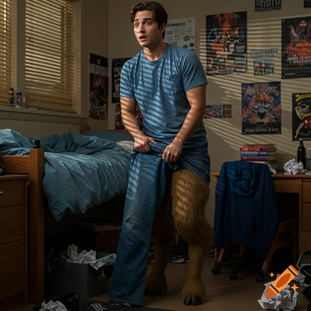 Photorealistic image of a male college student with satyr legs struggling to pull on blue jeans in a messy dorm room.