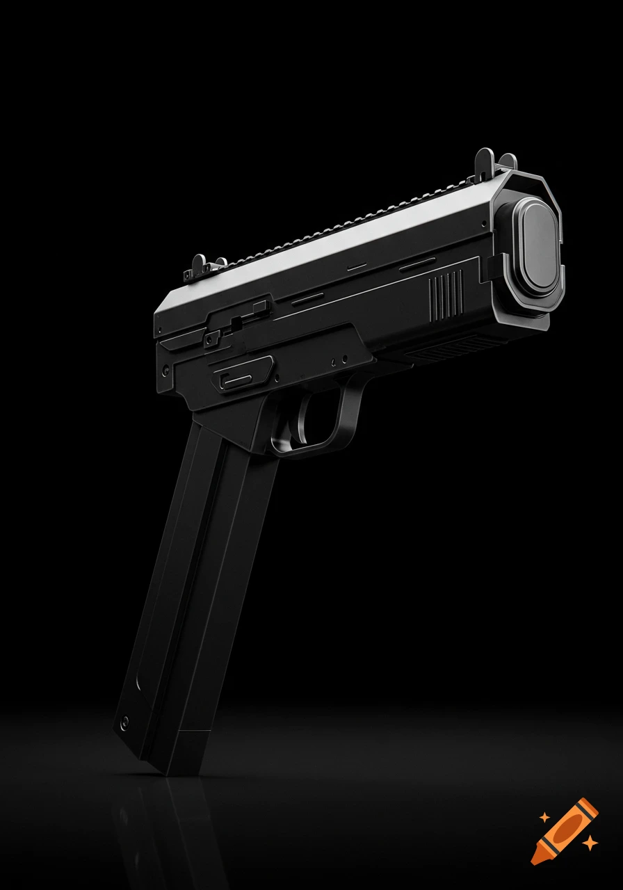 A sleek, black, futuristic SMG blaster weapon stands vertically on a dark reflective surface against a black background.