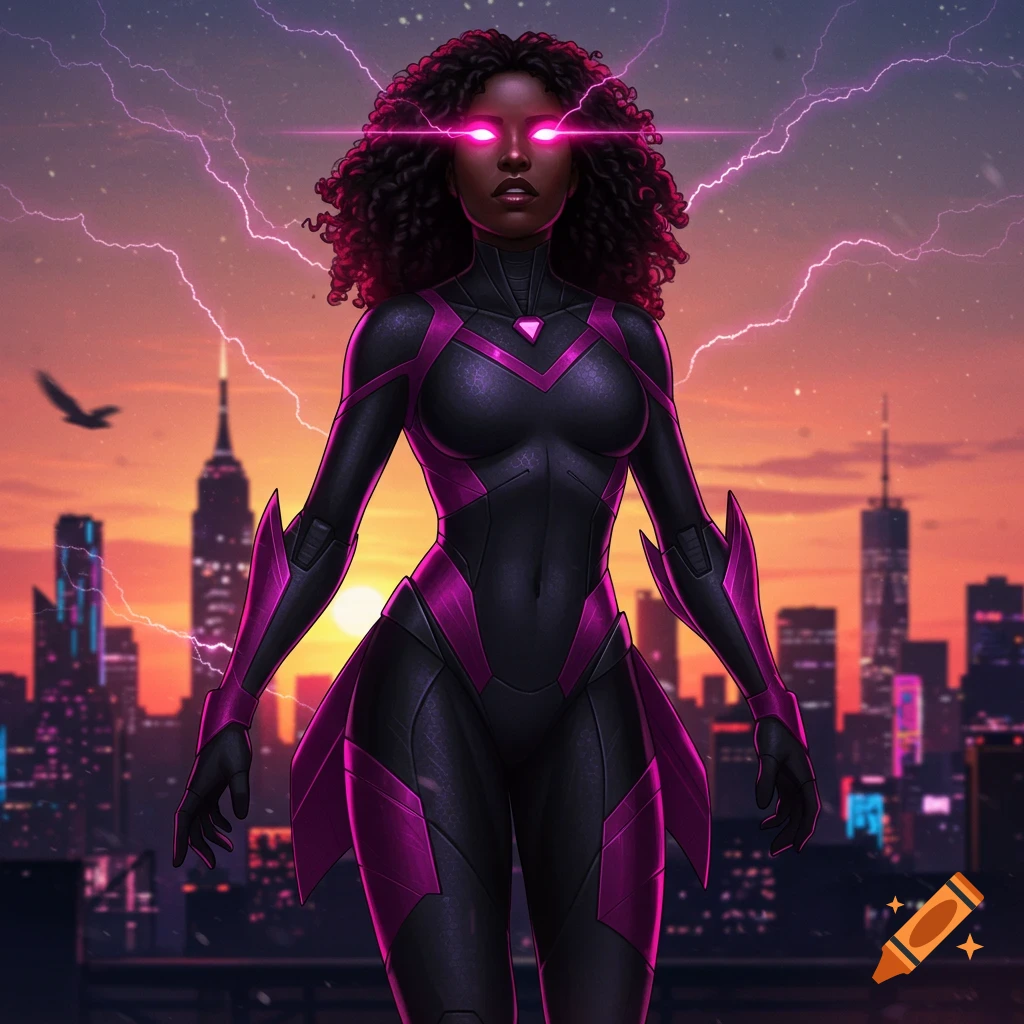 Black female superhero with pink glowing eyes and lightning, standing in a cityscape at sunset in digital art style.