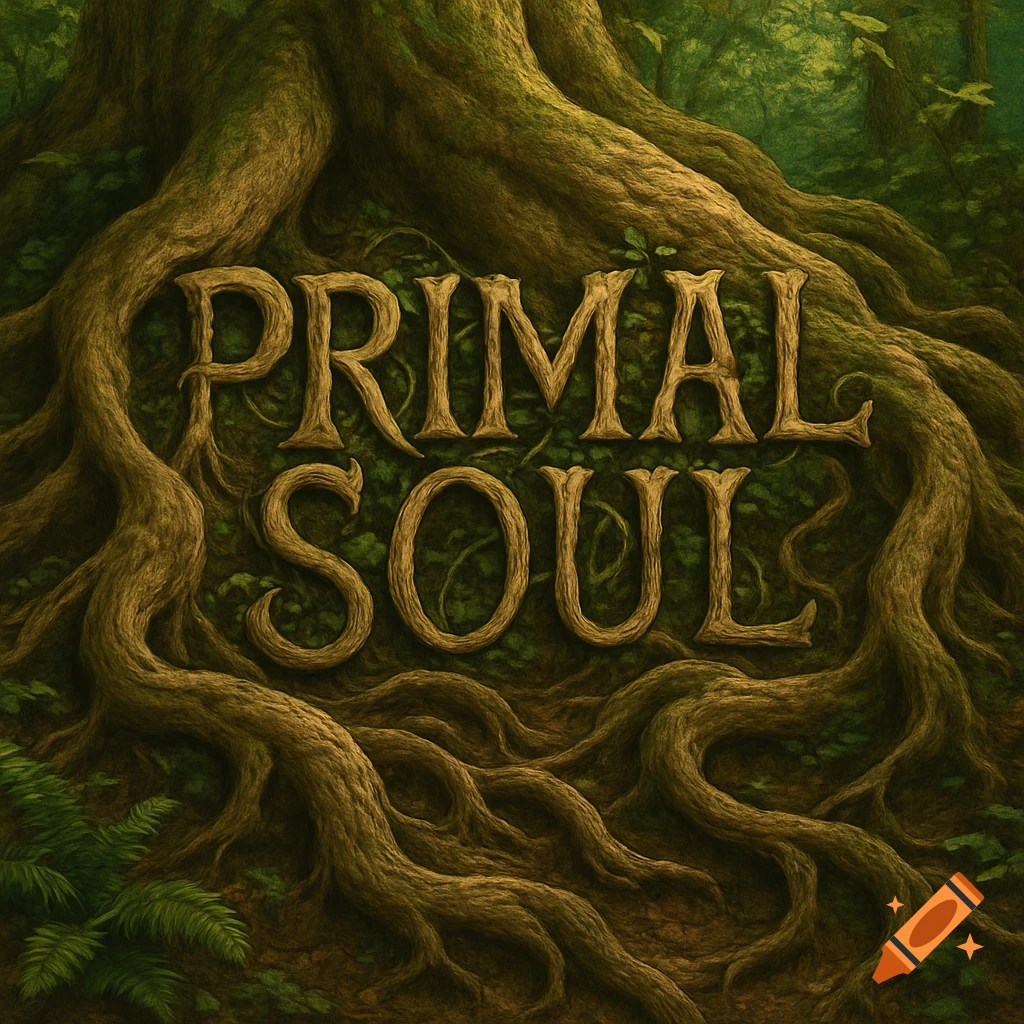 Text 'PRIMAL SOUL' formed by gnarled tree roots in a lush, green forest.