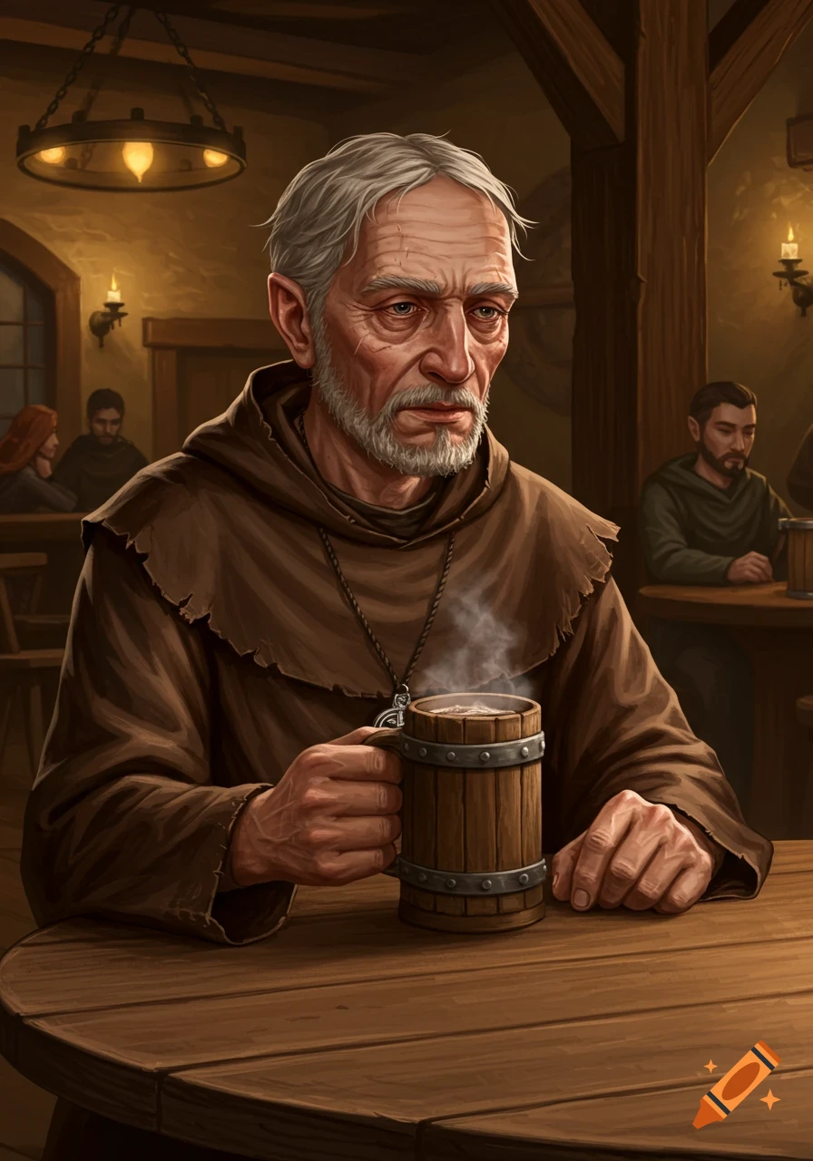 An old, tired cleric in a brown robe sits at a wooden table in a dimly lit tavern, holding a steaming wooden mug.