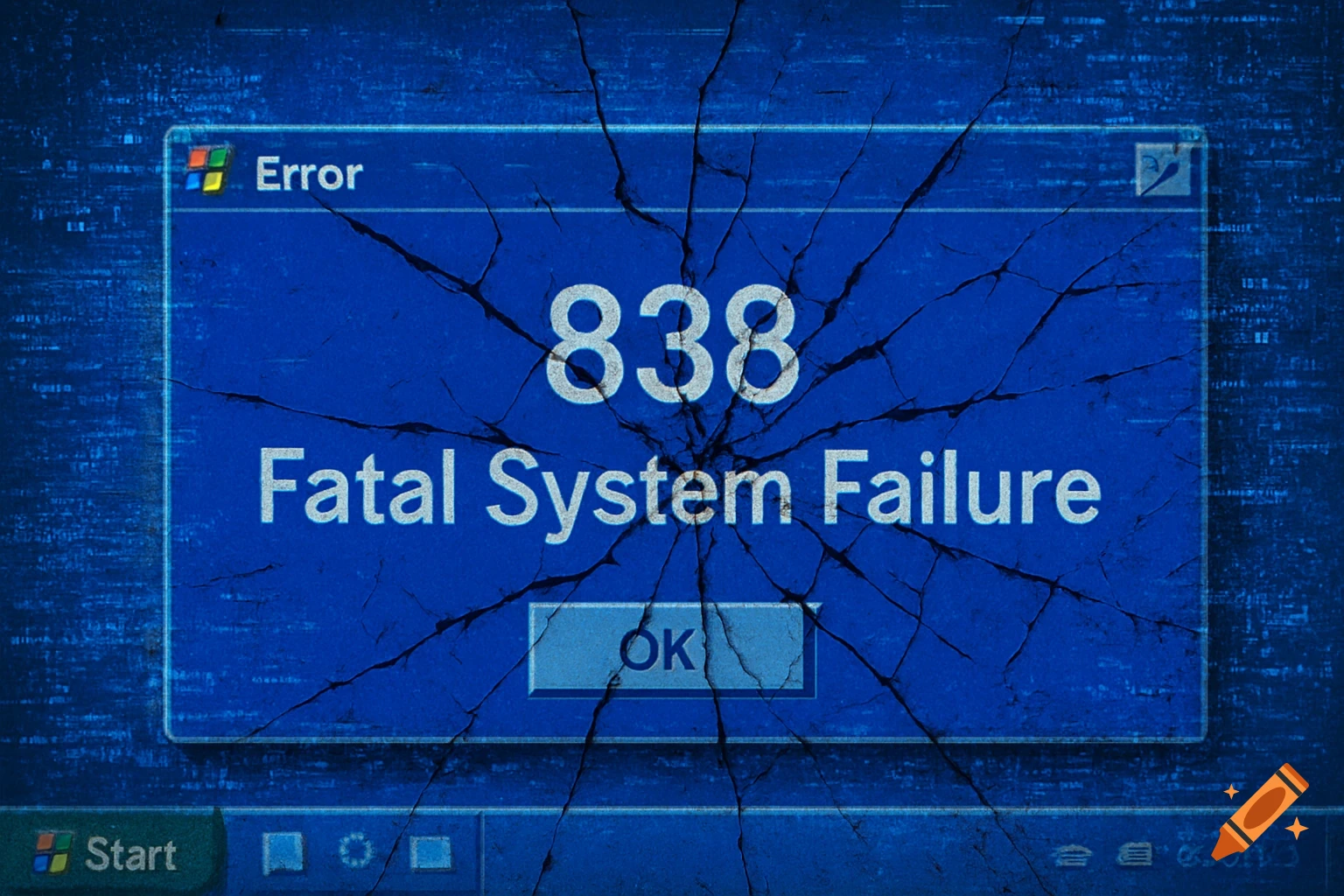 A cracked, blue Windows XP-style error pop-up window displaying '838 Fatal System Failure' on a glitched screen.