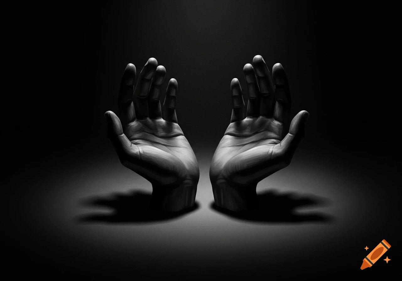 Two open hands bathed in dramatic light against a dark background, in black and white.