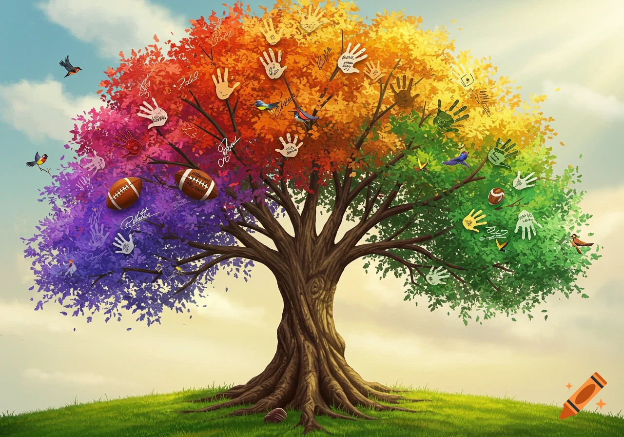 A vibrant, colorful tree with rainbow-colored leaves, featuring numerous white handprints and footballs on its branches, set on a green hill.