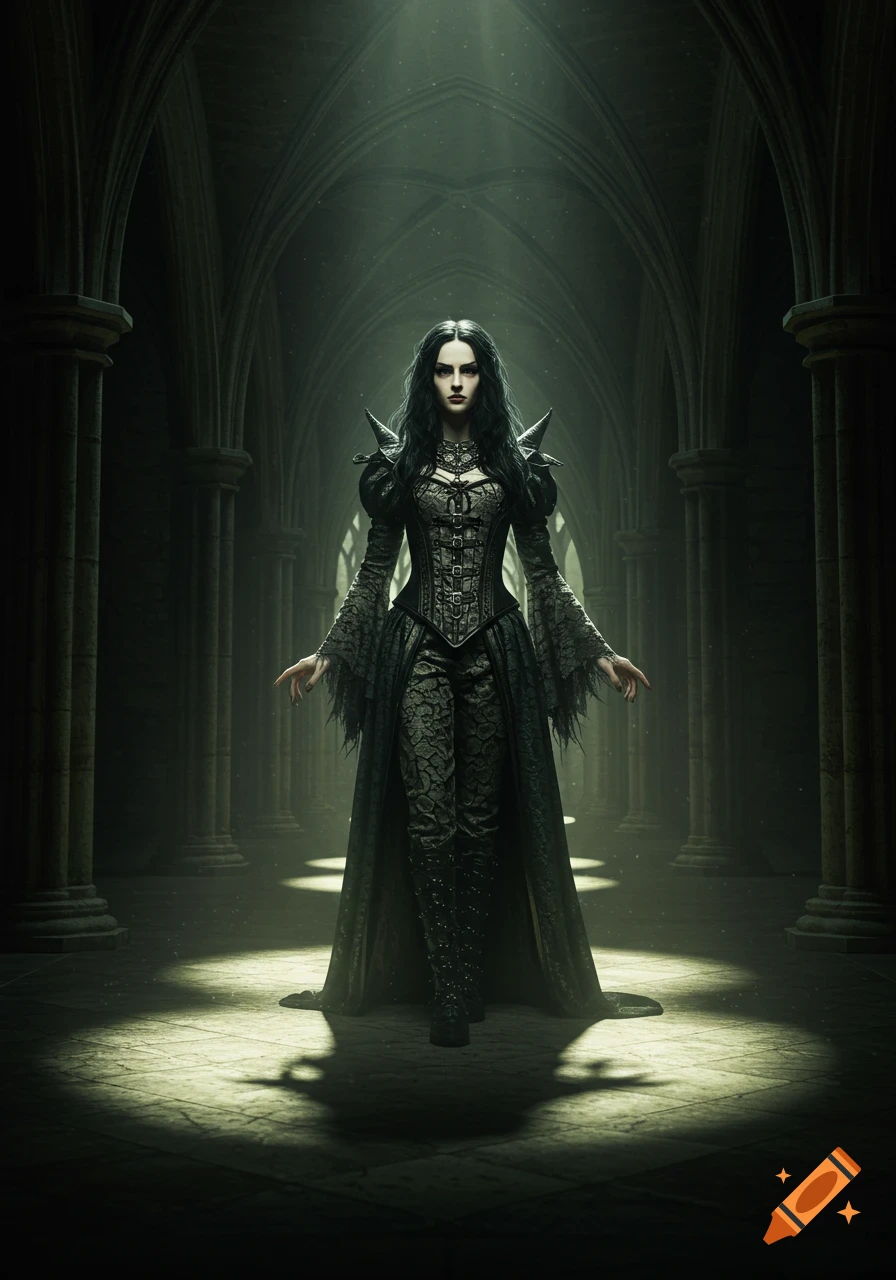 A woman in a dark gothic dress stands in a dimly lit, arched stone hall with light beams.
