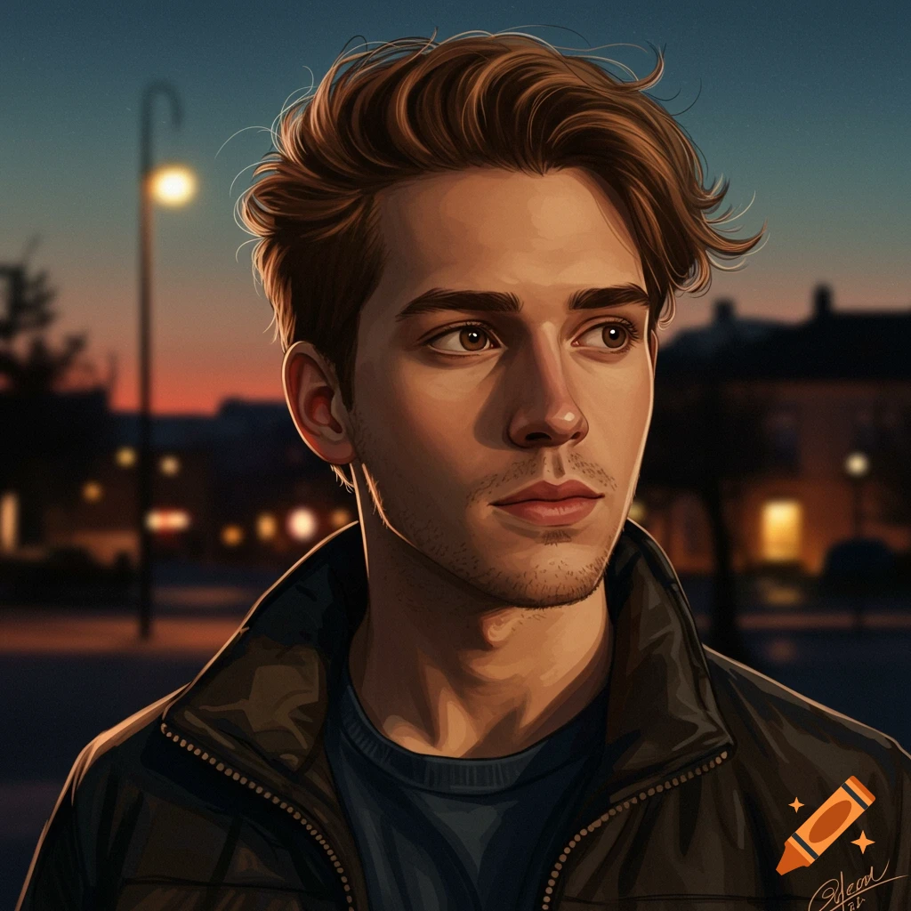 Stylized digital painting of a young man with light brown hair and stubble, looking to the side in a city at dusk.