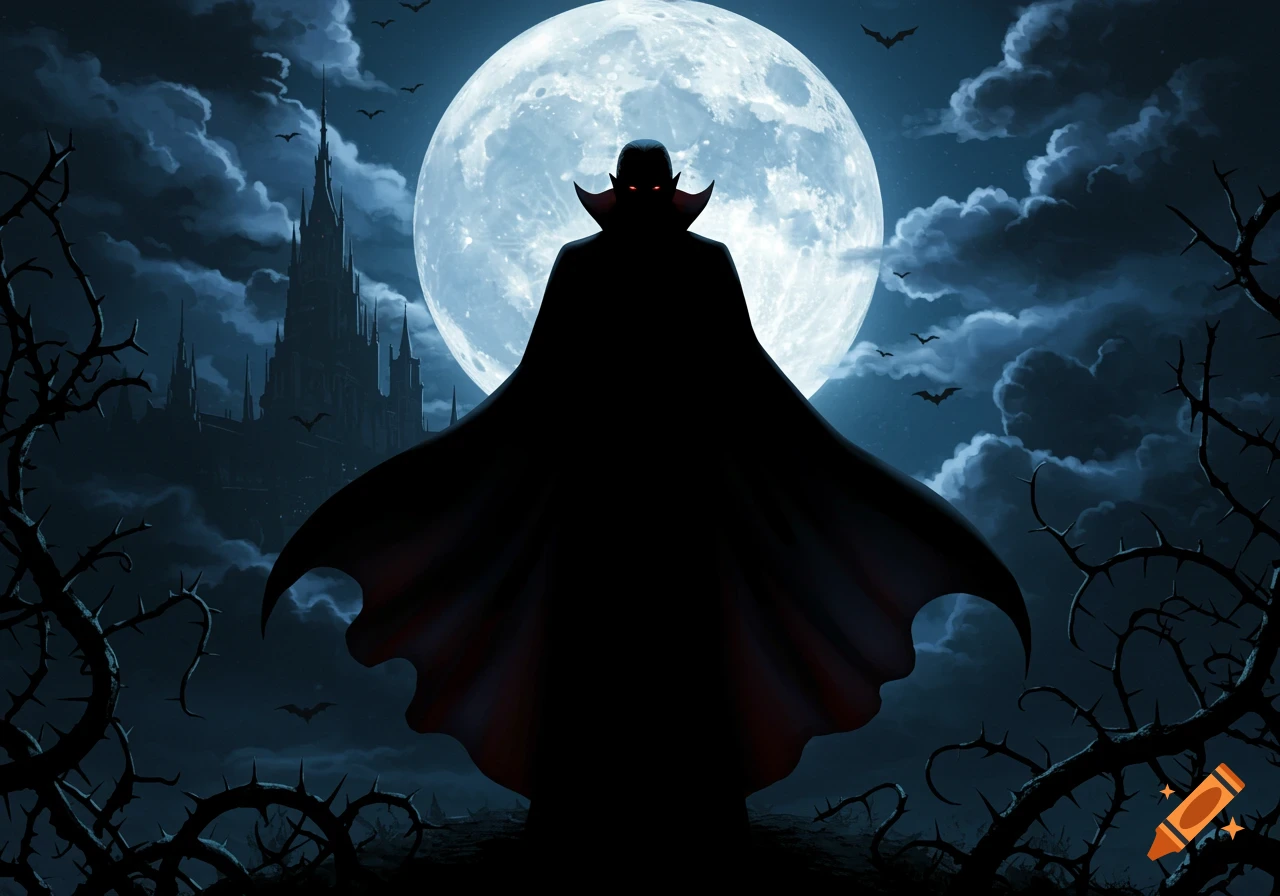 A silhouetted vampire figure with glowing red eyes stands before a large full moon, with a gothic castle and bats in the dark, cloudy sky.