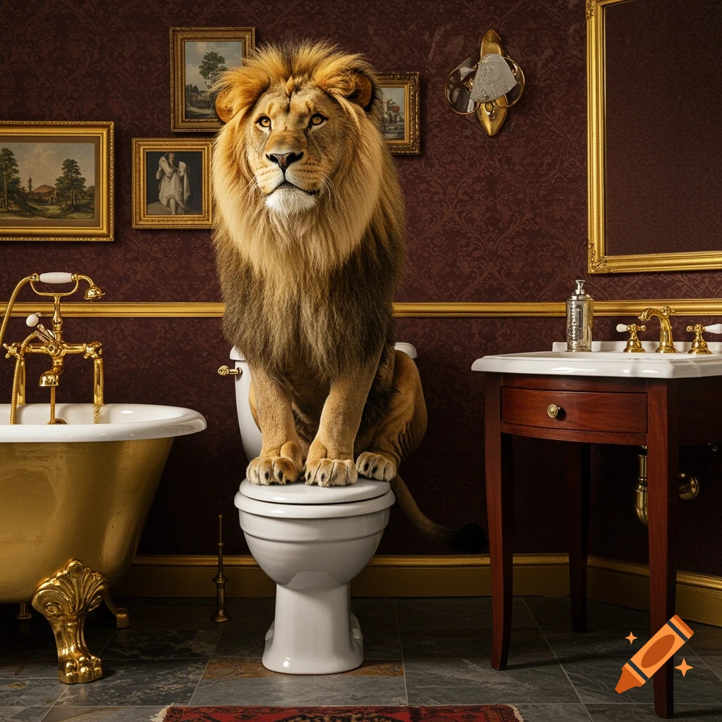 A large photorealistic male lion sits upright on a white toilet in a luxurious bathroom with red wallpaper and gold fixtures.