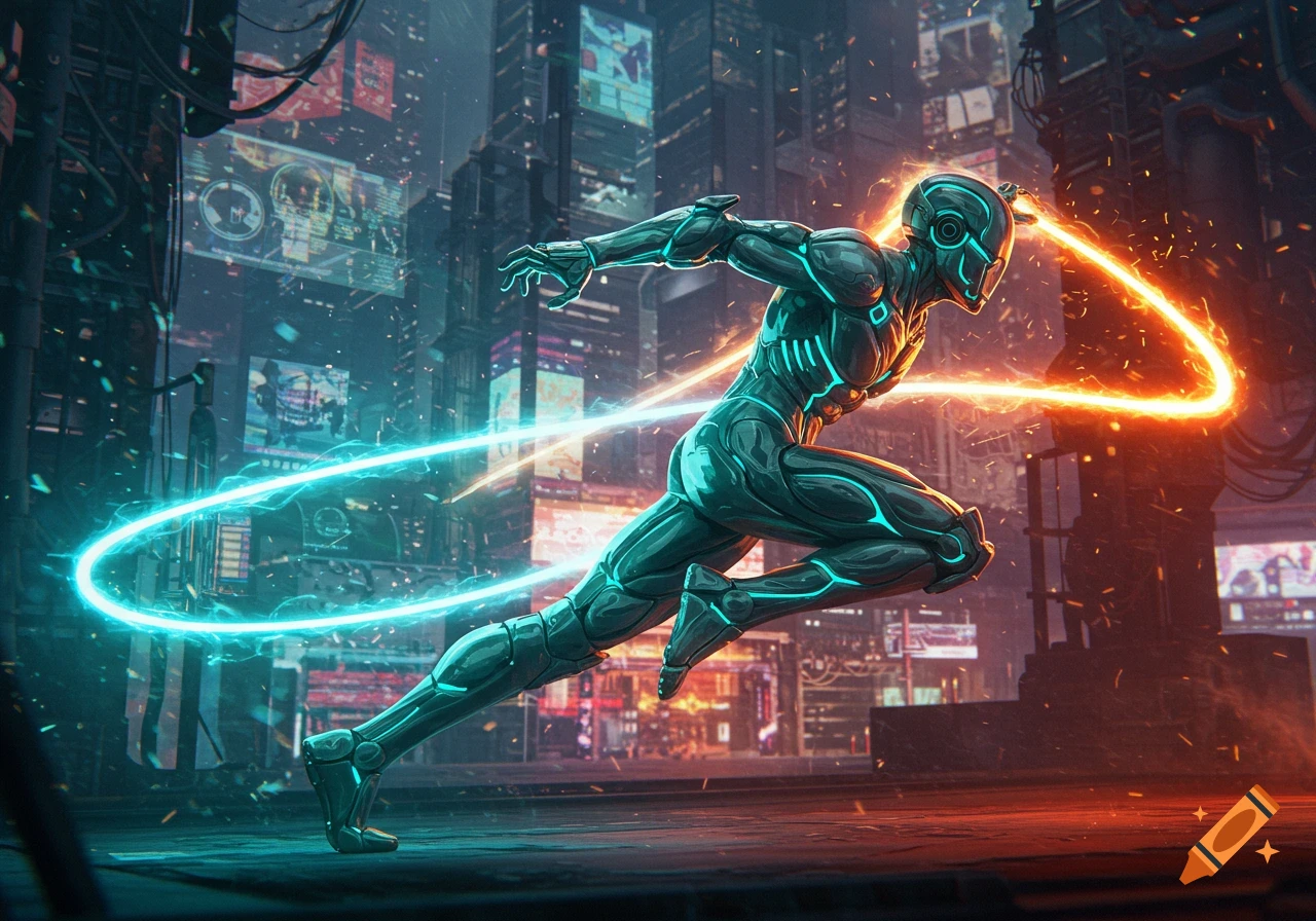 A sleek, glowing futuristic character with neon blue and orange energy trails runs through a dark cyberpunk city.