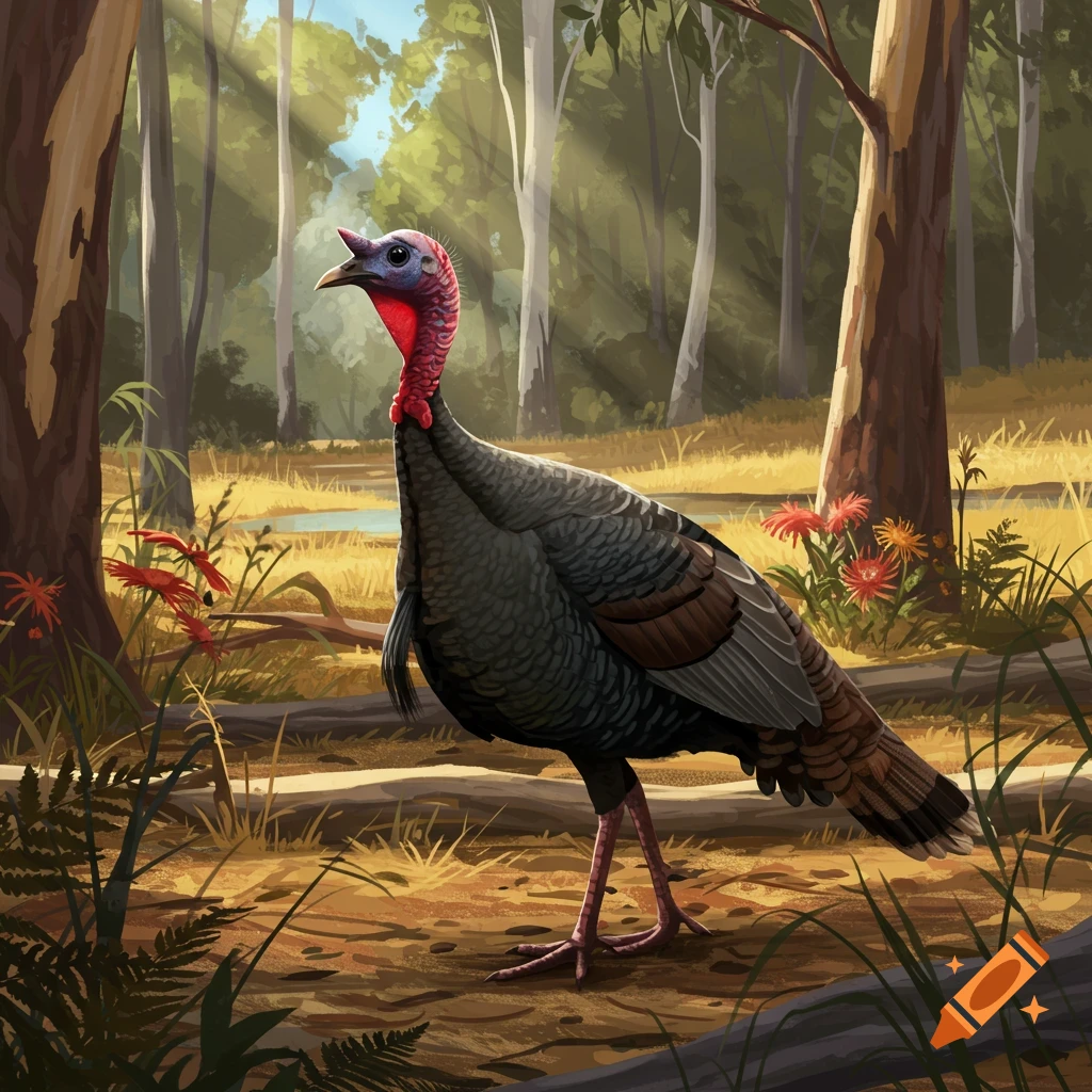 An illustrated wild turkey with a red neck stands in a sunlit forest.