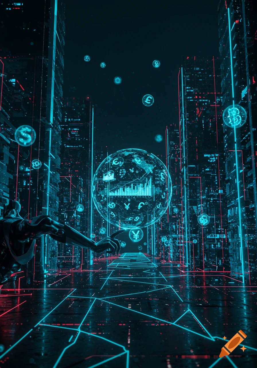 Robotic arm interacts with a glowing sphere showing financial data and currency symbols in a futuristic, neon digital city.