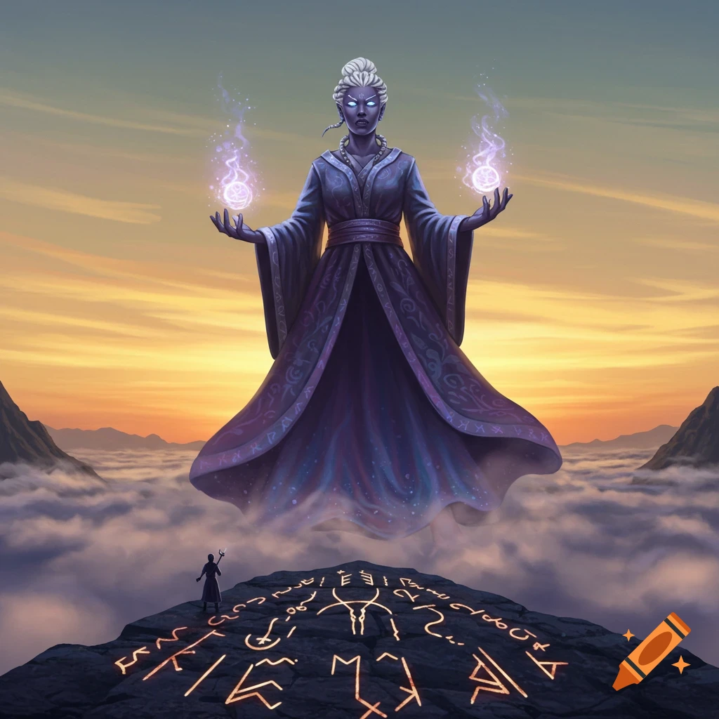 A giant purple-robed wizard woman floats above a mountain peak with a glowing runic circle at sunset, creating magic.