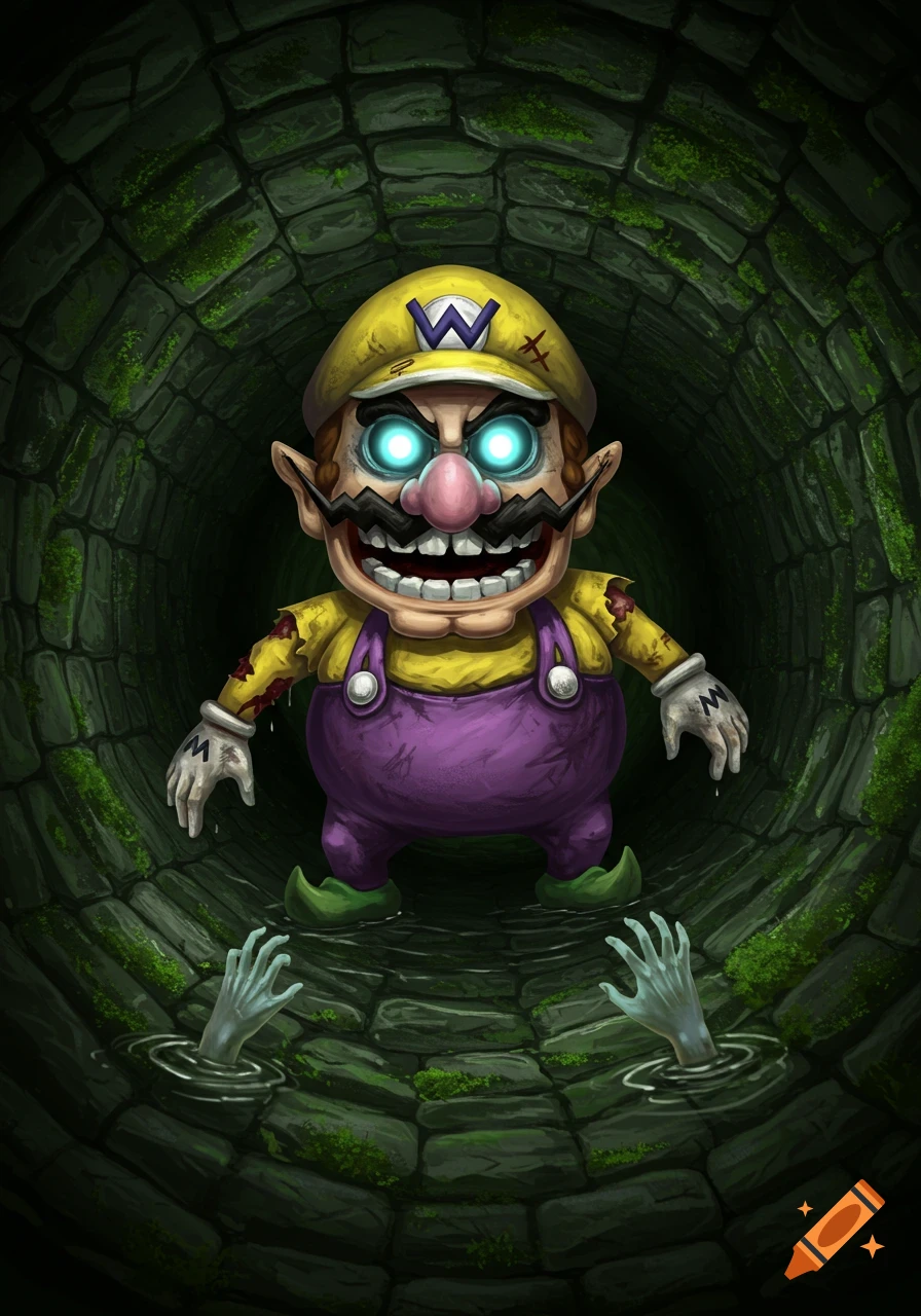 Creepy Wario with glowing eyes stands in a dark well with ghostly hands emerging from the water.