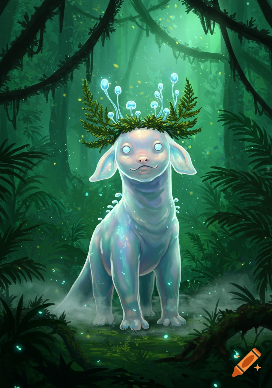 A glowing, bioluminescent creature with a fern and mushroom crown sits in a vibrant, mystical forest.