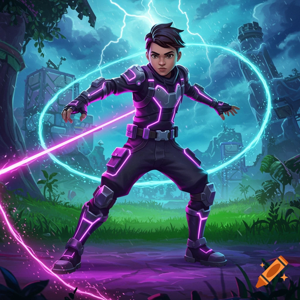 A stylized boy in a black and glowing purple sci-fi suit stands with a pink energy beam and blue ring in a stormy jungle.