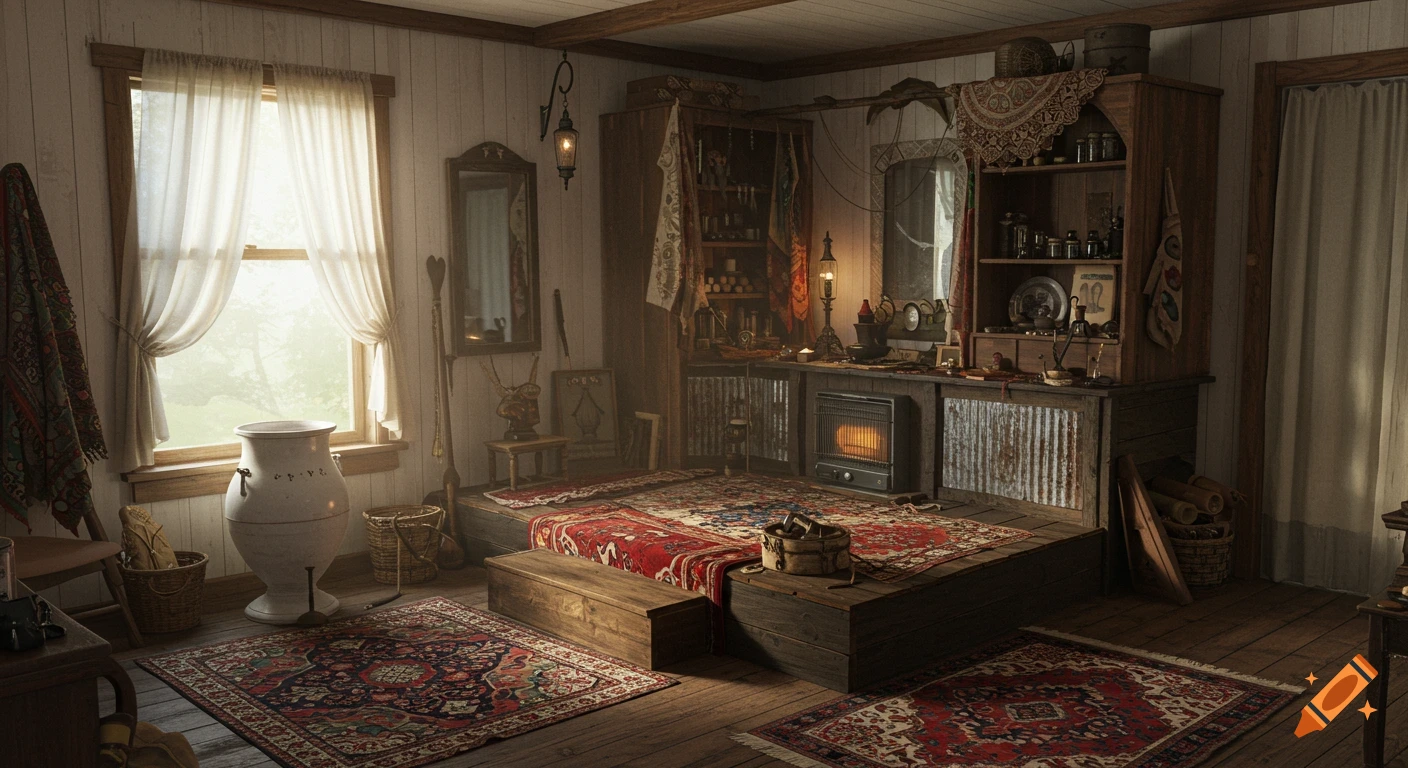 A rustic, cozy interior studio with wooden furniture, ornate rugs, a ceramic vessel, and various objects, lit by a window and lanterns.