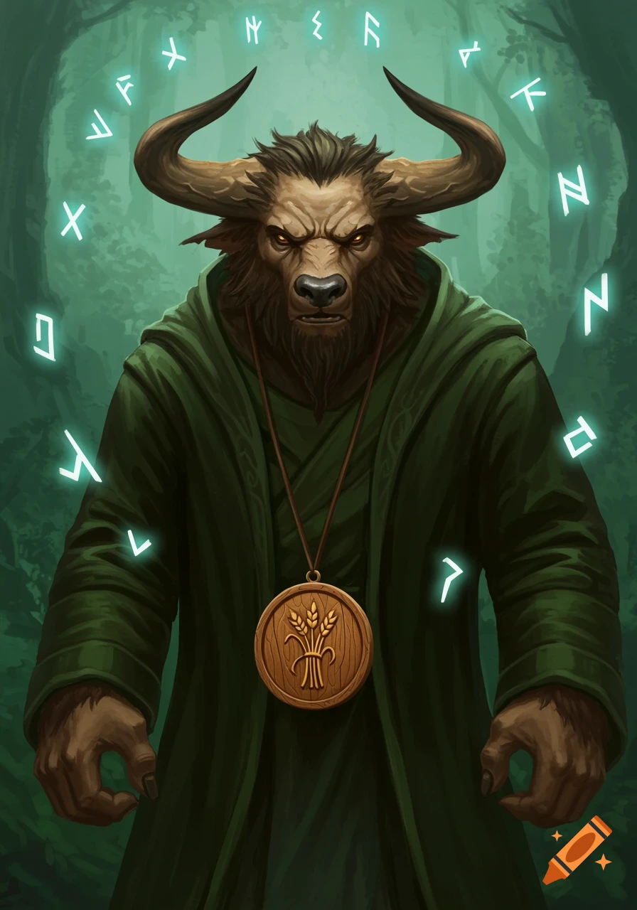 A minotaur in green robes wearing a wheat medallion stands in a forest with glowing runes surrounding its head, in a fantasy art style.