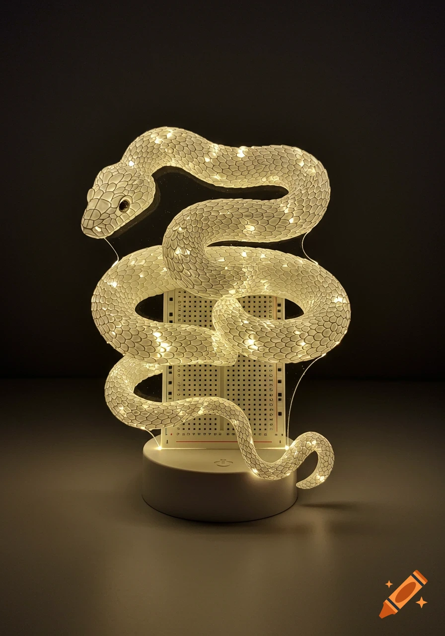 A glowing white snake-shaped night lamp coiled around a white electronics breadboard on a dark background.