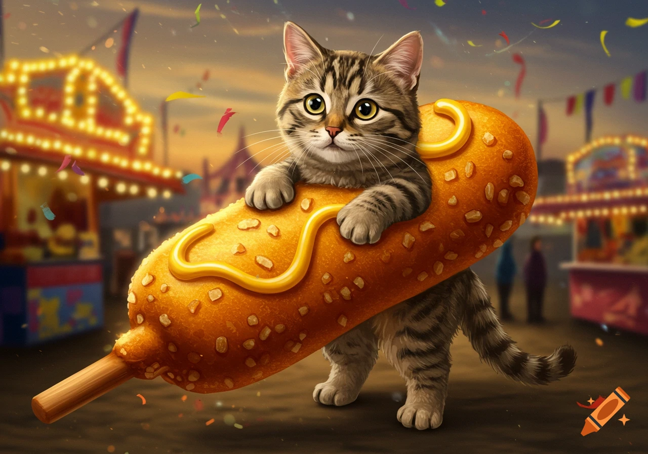 A cute tabby cat emerges from a giant corn dog at a lively carnival with confetti.