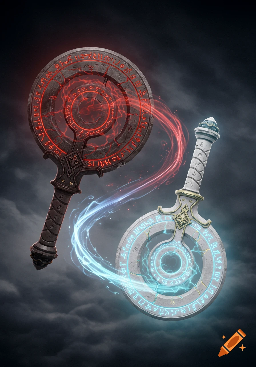Two magical chakrams, one dark with red energy, the other light with blue energy, floating against a dark sky.