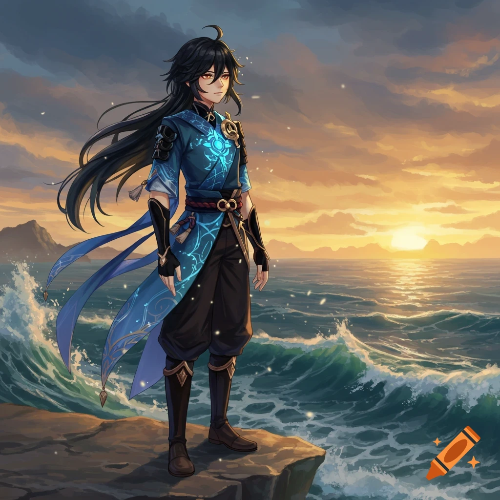Anime male character with black hair in blue fantasy attire stands on a rock by a stormy sea at sunset.