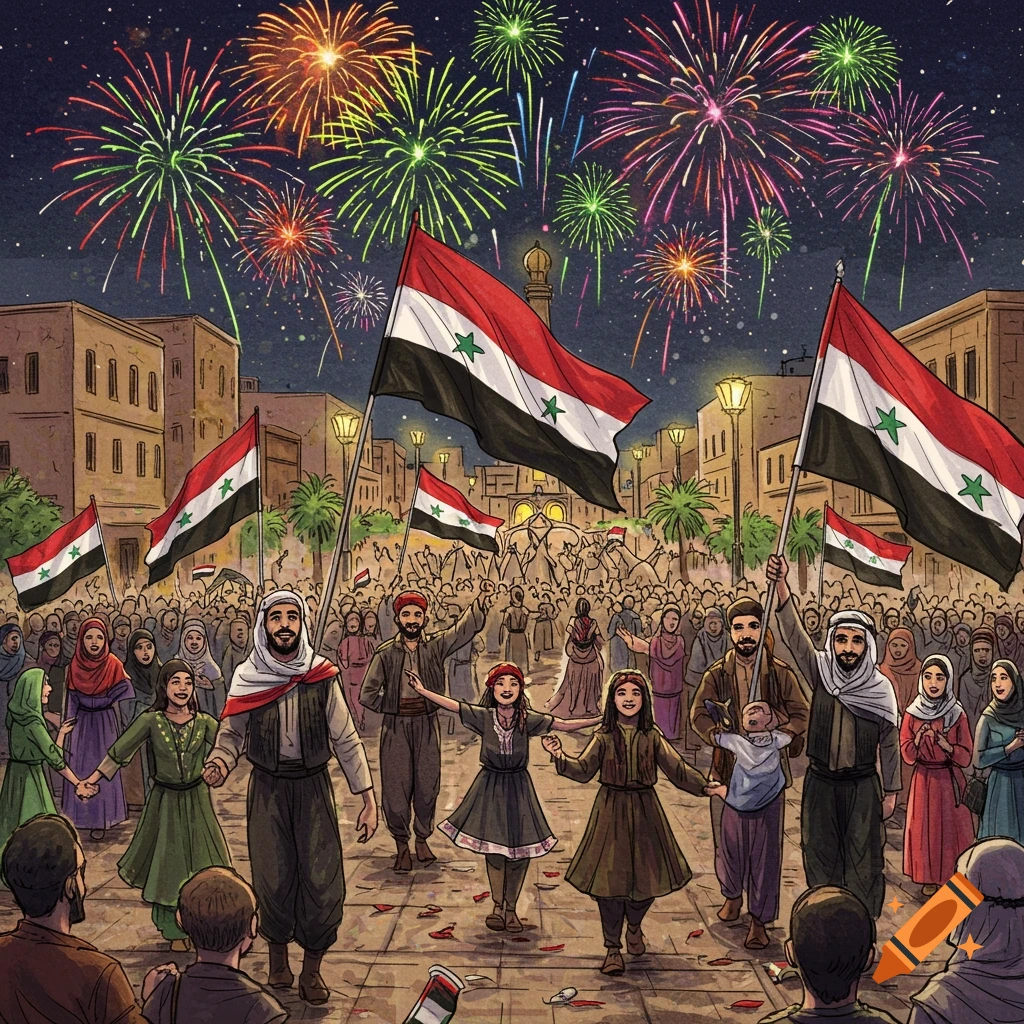 A vibrant illustration of a crowd of Syrian people celebrating outdoors at night, holding flags and dancing under a sky full of colorful fireworks.