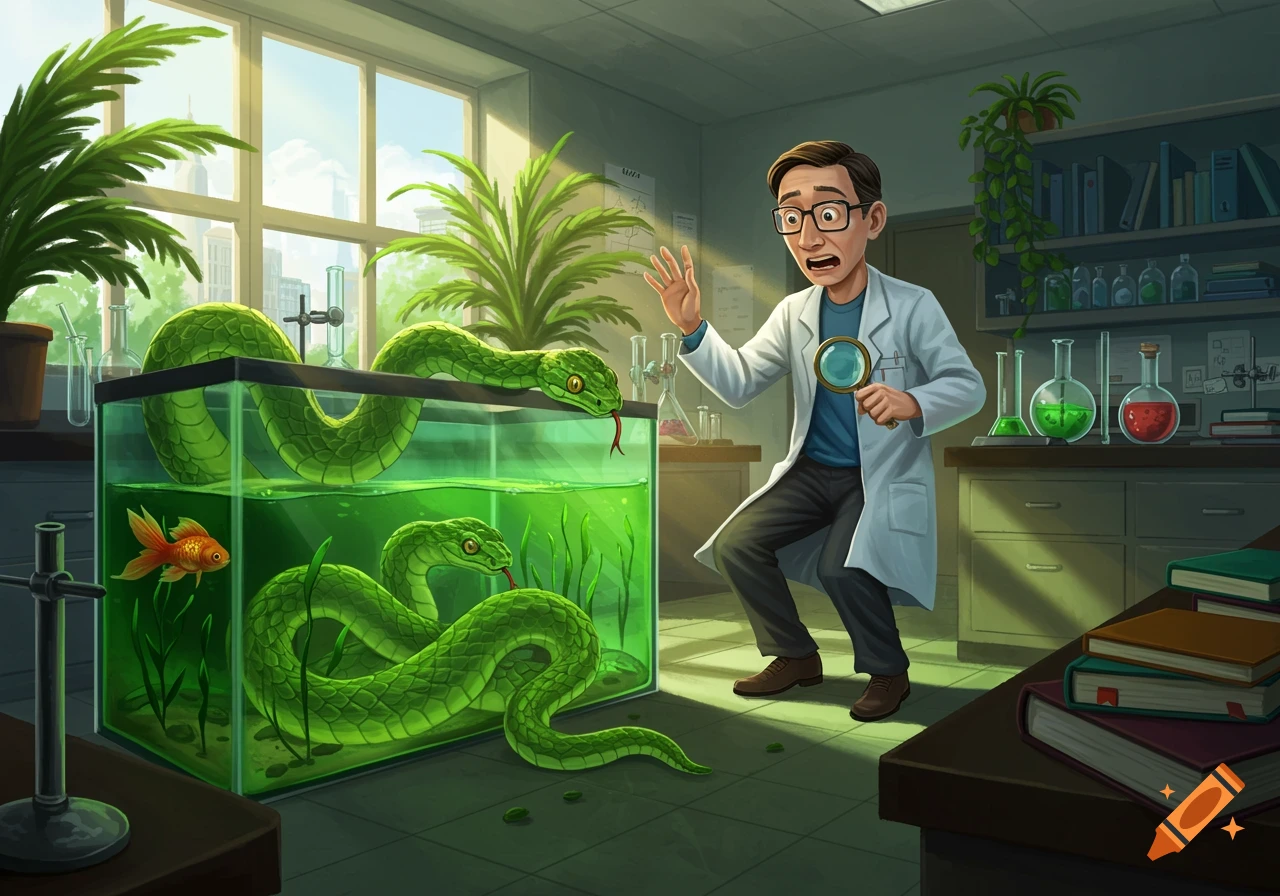 Cartoon illustration of a startled male scientist in a lab coat observing two large green snakes in a fish tank with a goldfish.