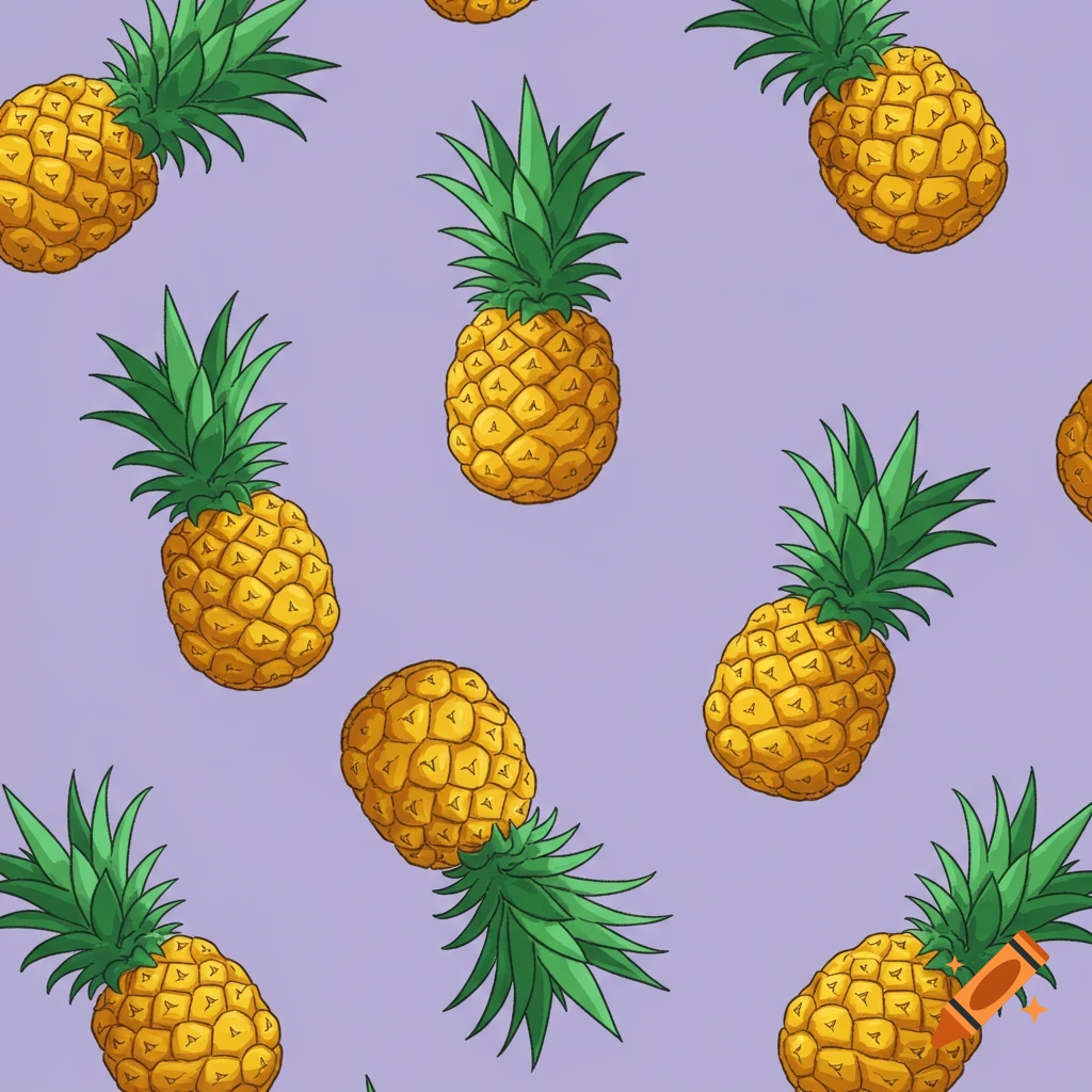 A seamless pattern of stylized yellow pineapples with green tops on a light purple background.
