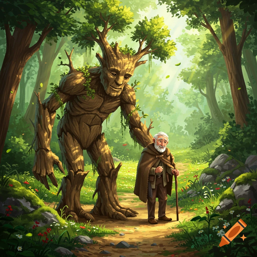 A whimsical illustration of a smiling tree creature standing with an old man and his staff on a sunlit forest path.
