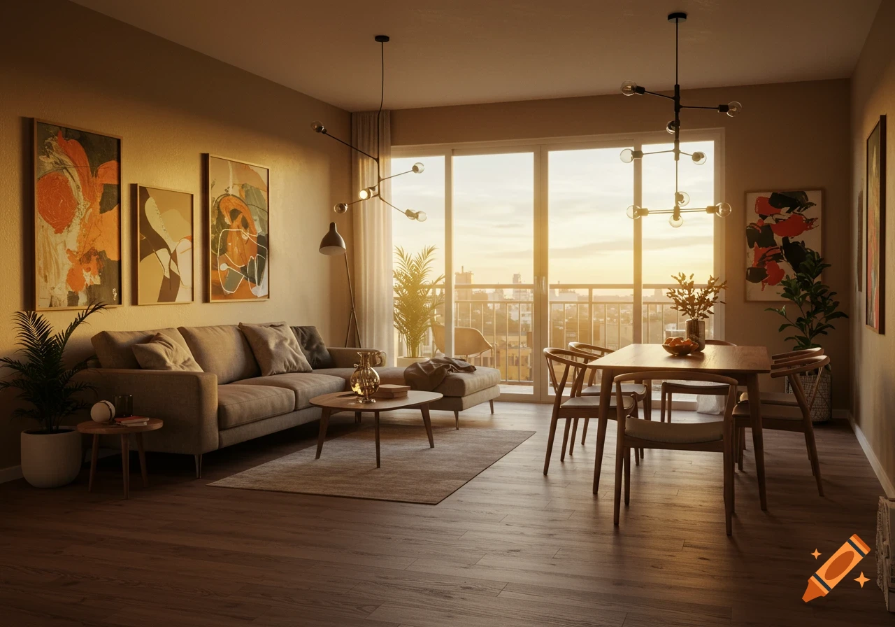 Photorealistic image of a modern living room and dining area with large windows showcasing a sunset.