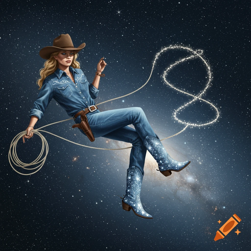 A cowgirl in a denim outfit and sparkling boots floats in space, holding a lasso made of stars, with a galaxy in the background.