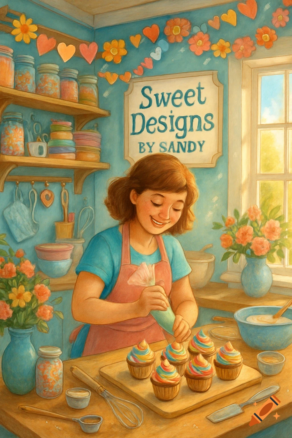 A cheerful woman decorates colorful cupcakes in a bright, cozy kitchen with a sign reading 'Sweet Designs by Sandy', in an illustration style.