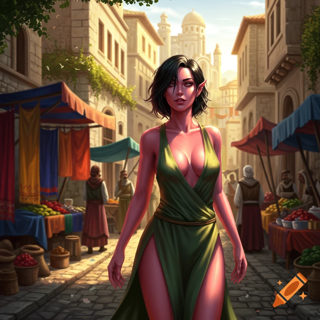 A dark-haired female elf with reddish-pink skin in a low-cut green dress walks through a busy marketplace street with stone buildings under a sunny sky.