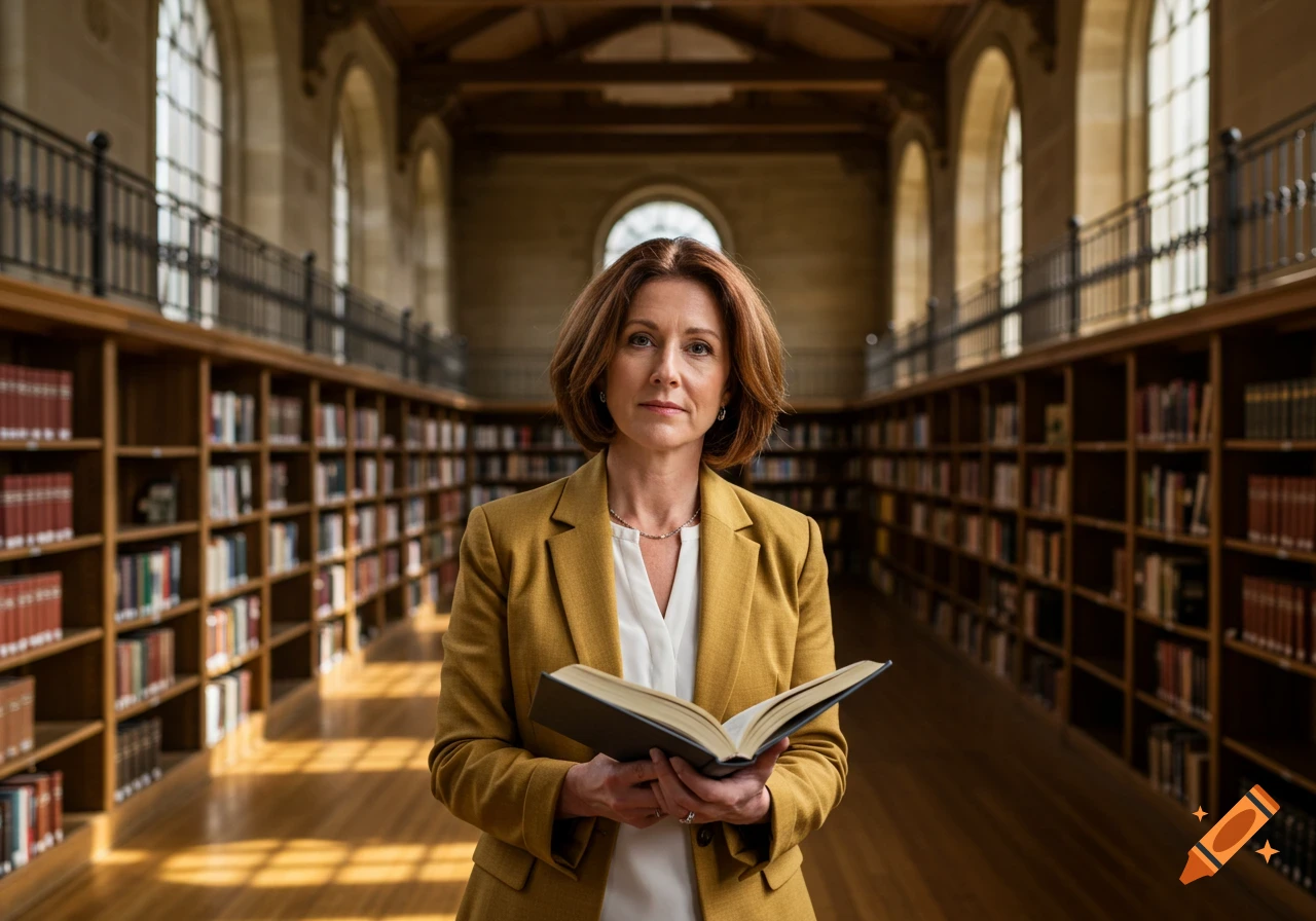 Photorealistic portrait of a woman holding an open book in a grand library.