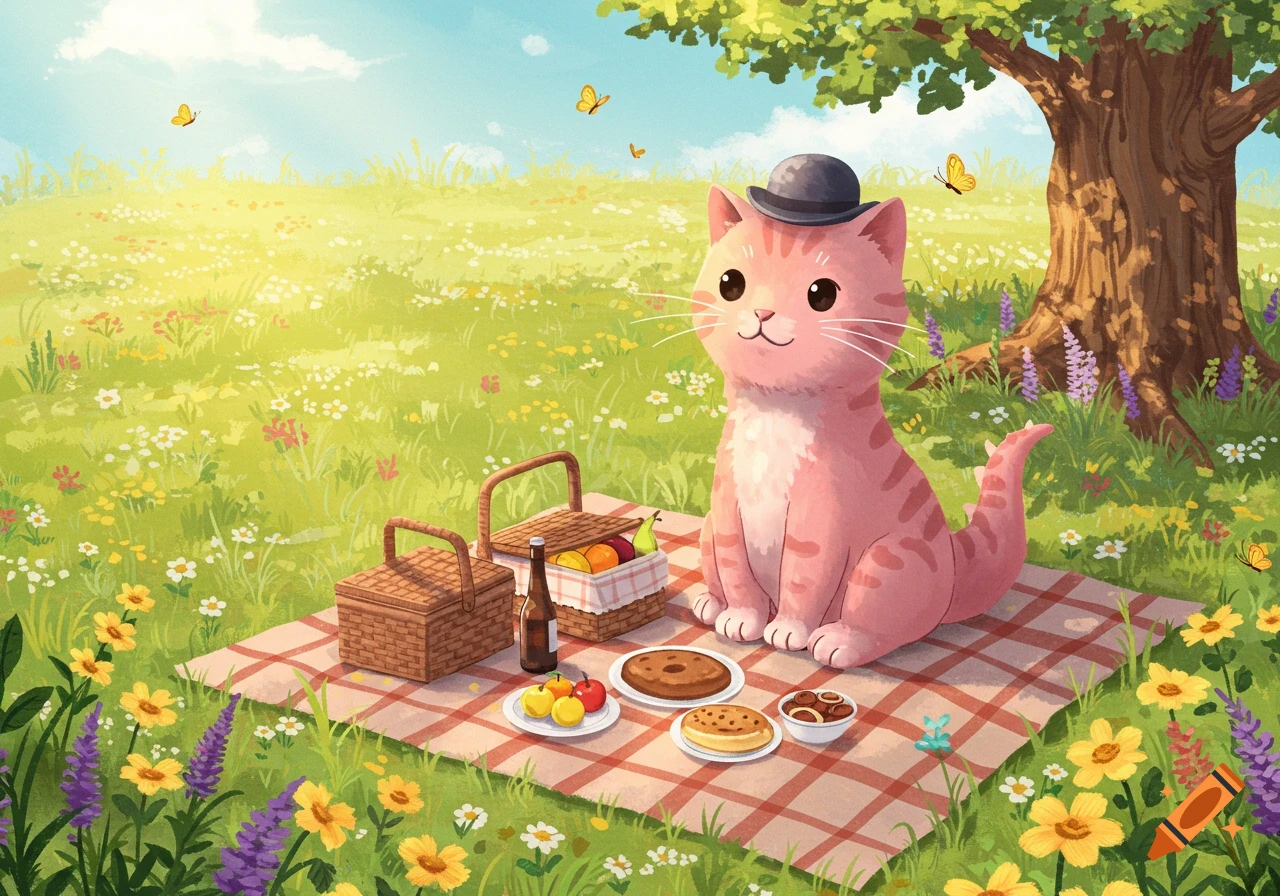 A pink cat-like creature with a bowler hat sits on a picnic blanket in a sunny, flower-filled meadow.