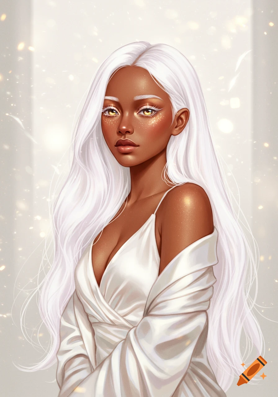 An illustrated portrait of a dark-skinned woman with long white hair, golden glittery eyes, wearing a white silk dress.