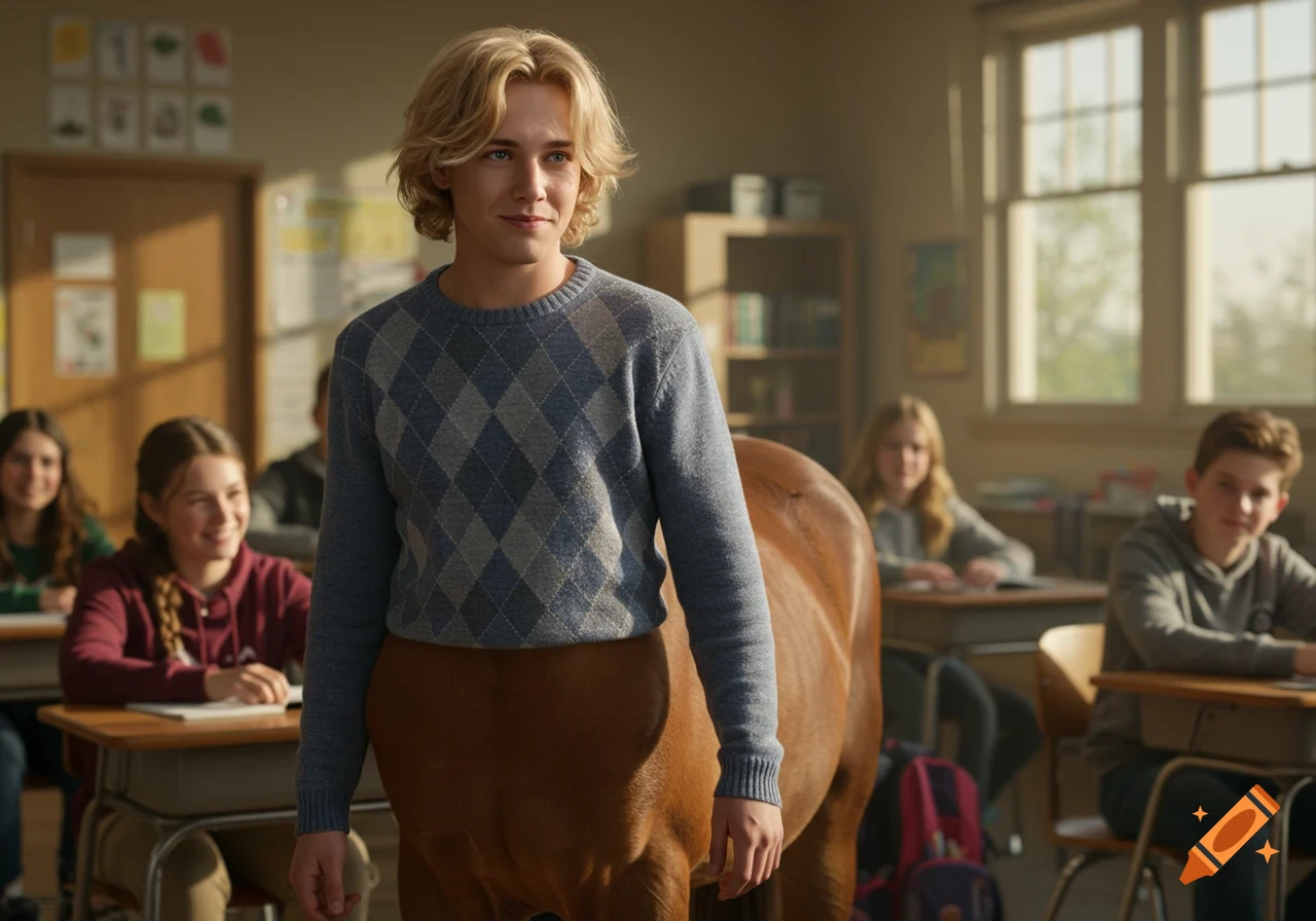 A young centaur with blond hair wearing an argyle sweater stands in a classroom with other students.