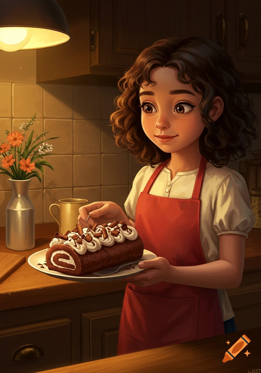 A cartoon girl in an apron holds a plate with a decorated chocolate roll cake in a cozy kitchen.