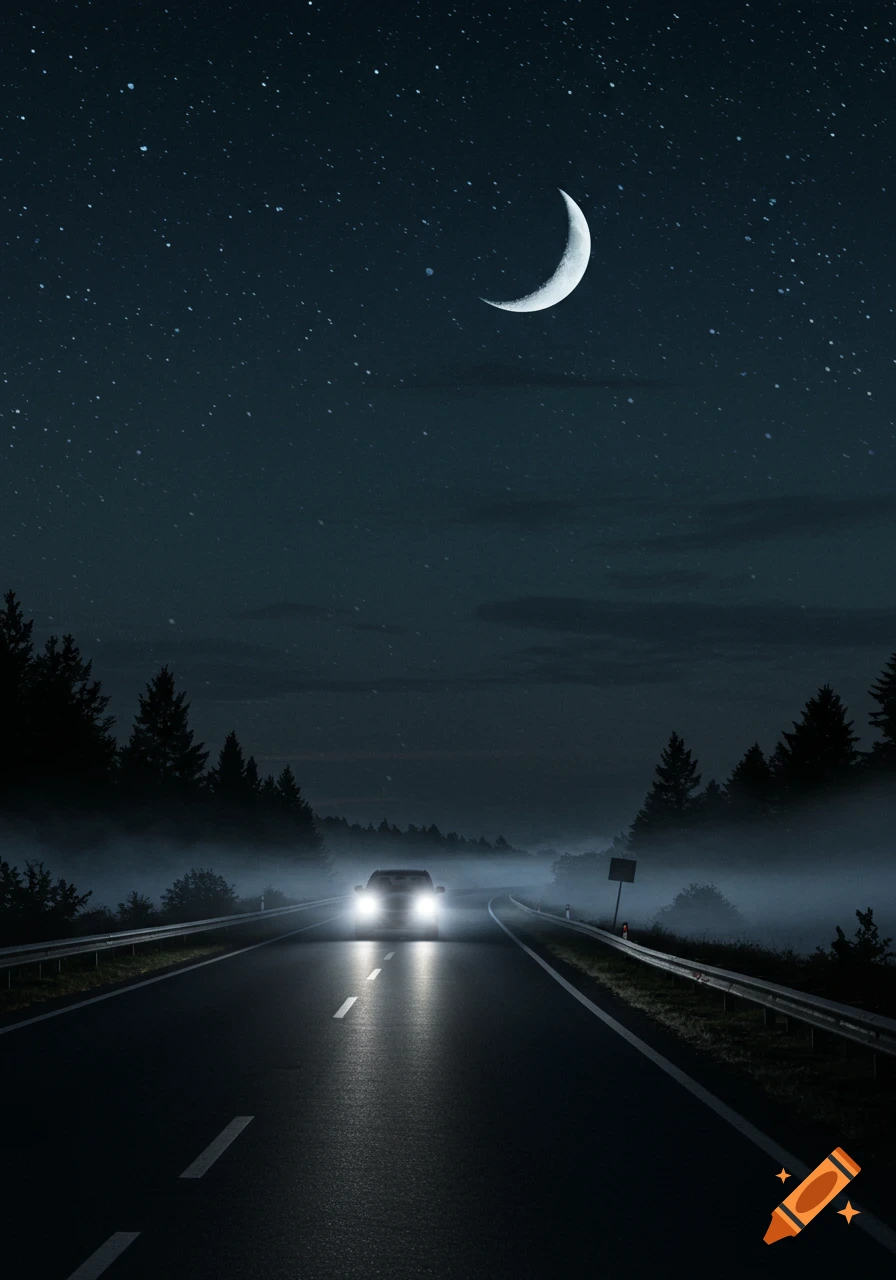 A car drives on a misty road at night, its headlights illuminating the path. A crescent moon hangs in the starry sky above pine trees lining the road.