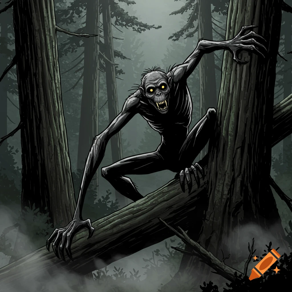A lean, grey, monstrous creature with glowing yellow eyes and sharp fangs perches on a fallen tree in a dark, foggy forest in a comic horror style.