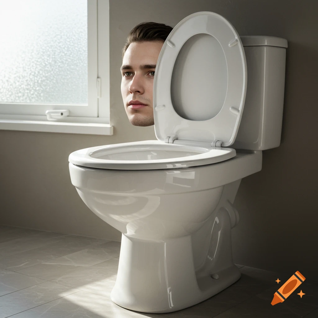 A photorealistic image of a young man's head emerging from a white toilet in a bathroom with a window.