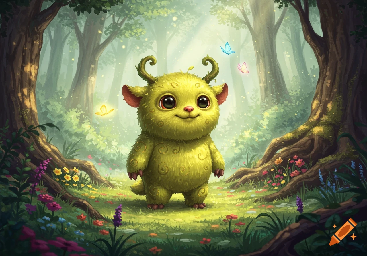 A cute, green, furry creature with big eyes and small horns stands in a magical forest with glowing butterflies and colorful flowers.