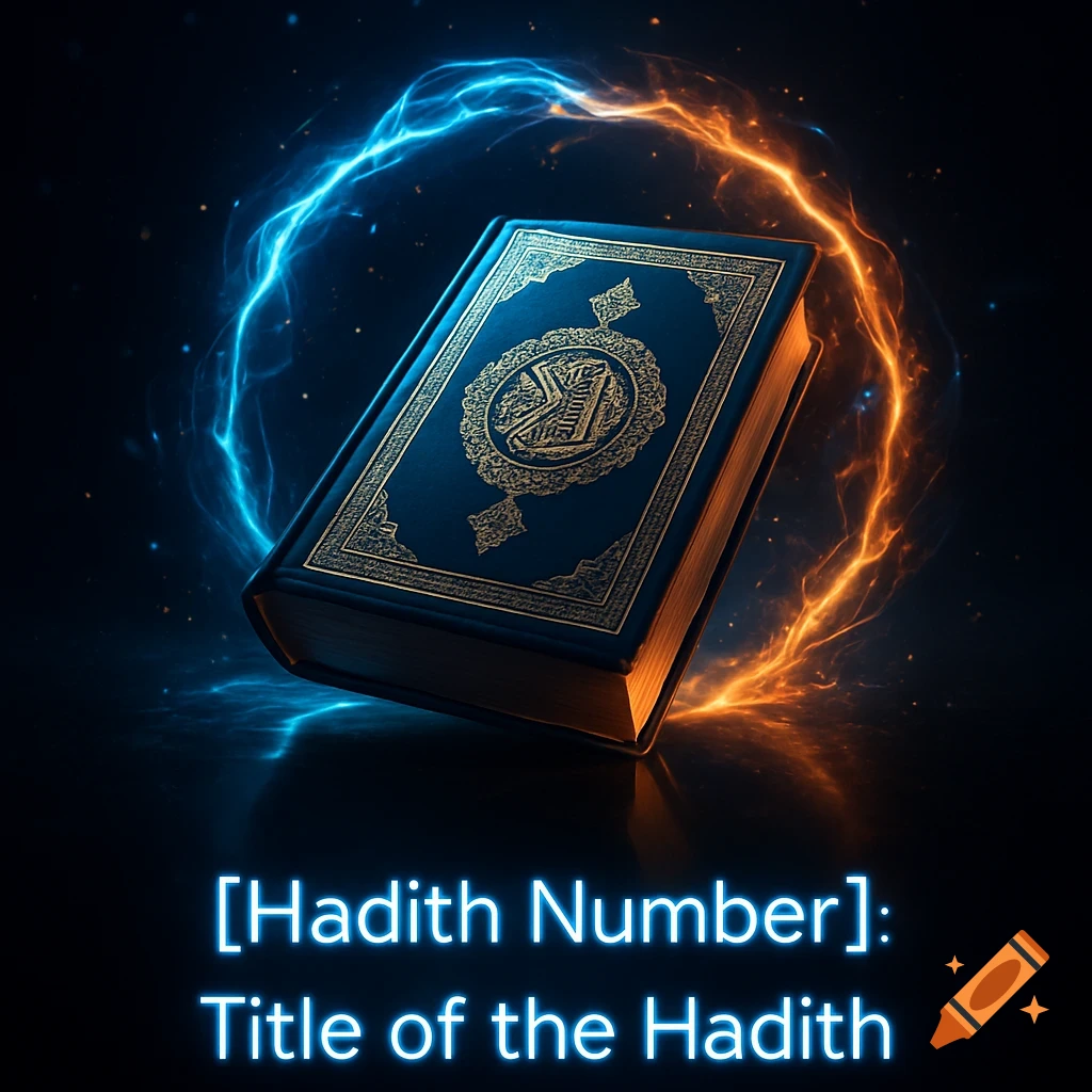 A dark blue book with gold detailing and Arabic script is encircled by glowing blue and orange energy, with neon text below.