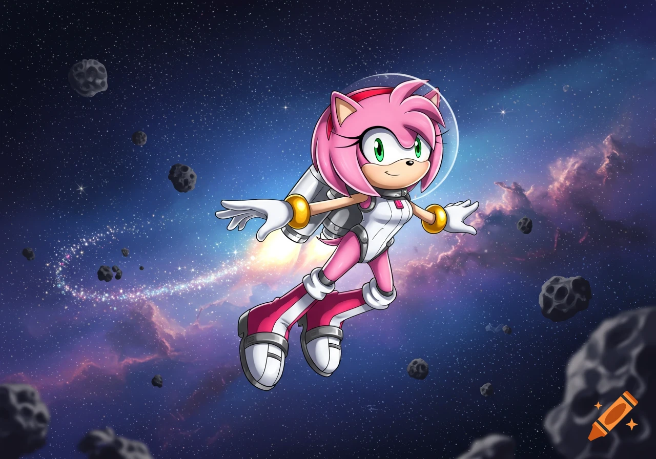 Amy Rose in a pink and white space suit with a jetpack flies through space surrounded by asteroids and a starry nebula.