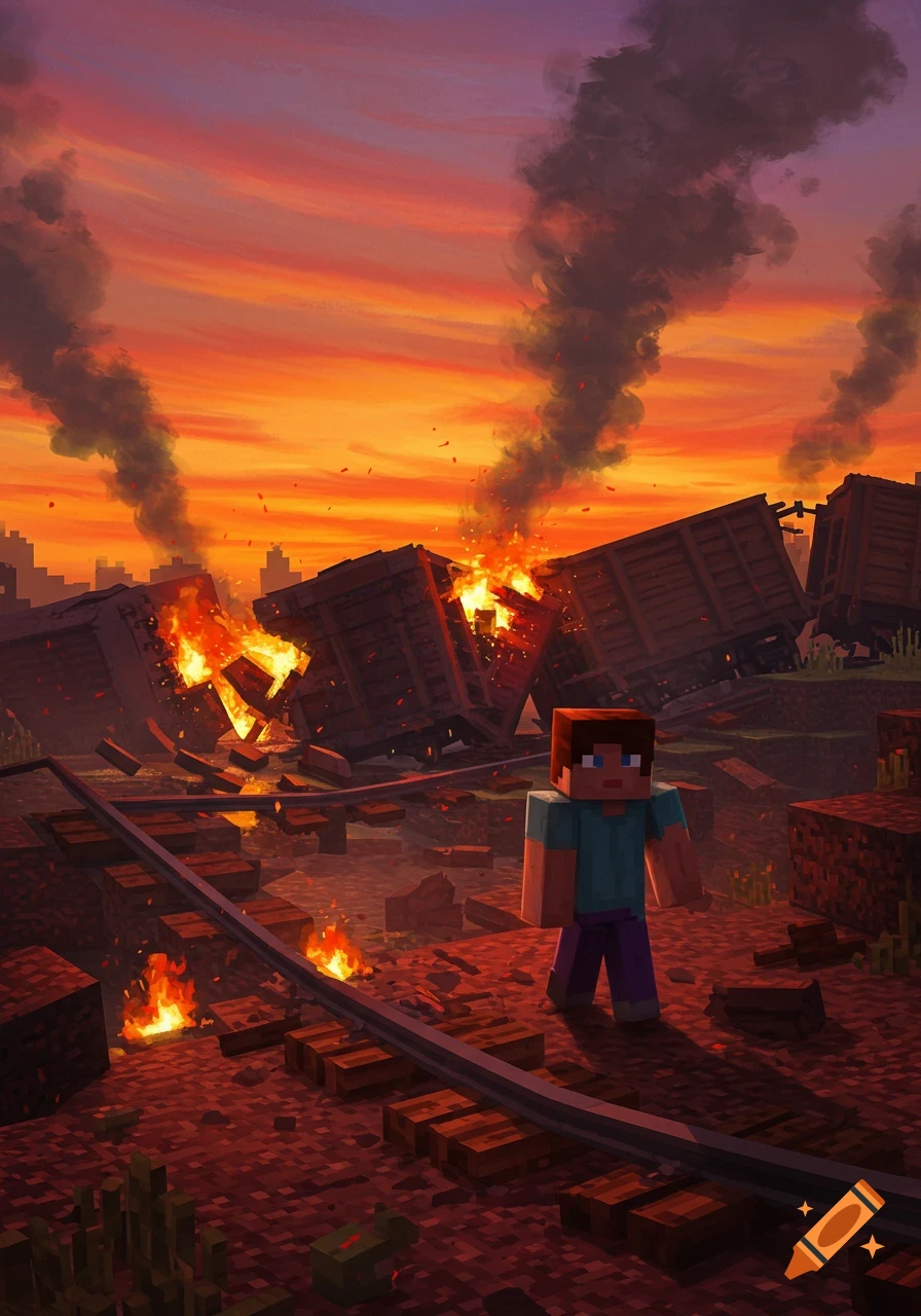 A Minecraft character, Steve, stands near a train wreck with burning train cars and smoke at sunset.