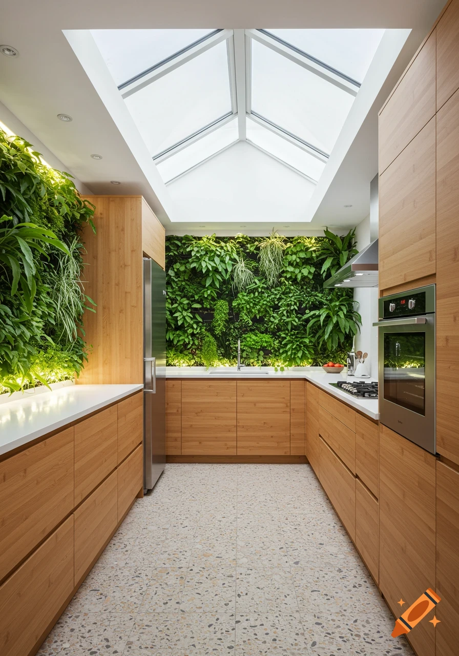 A photorealistic modern kitchen with light wood cabinets, white countertops, a large green living wall, and a skylight.