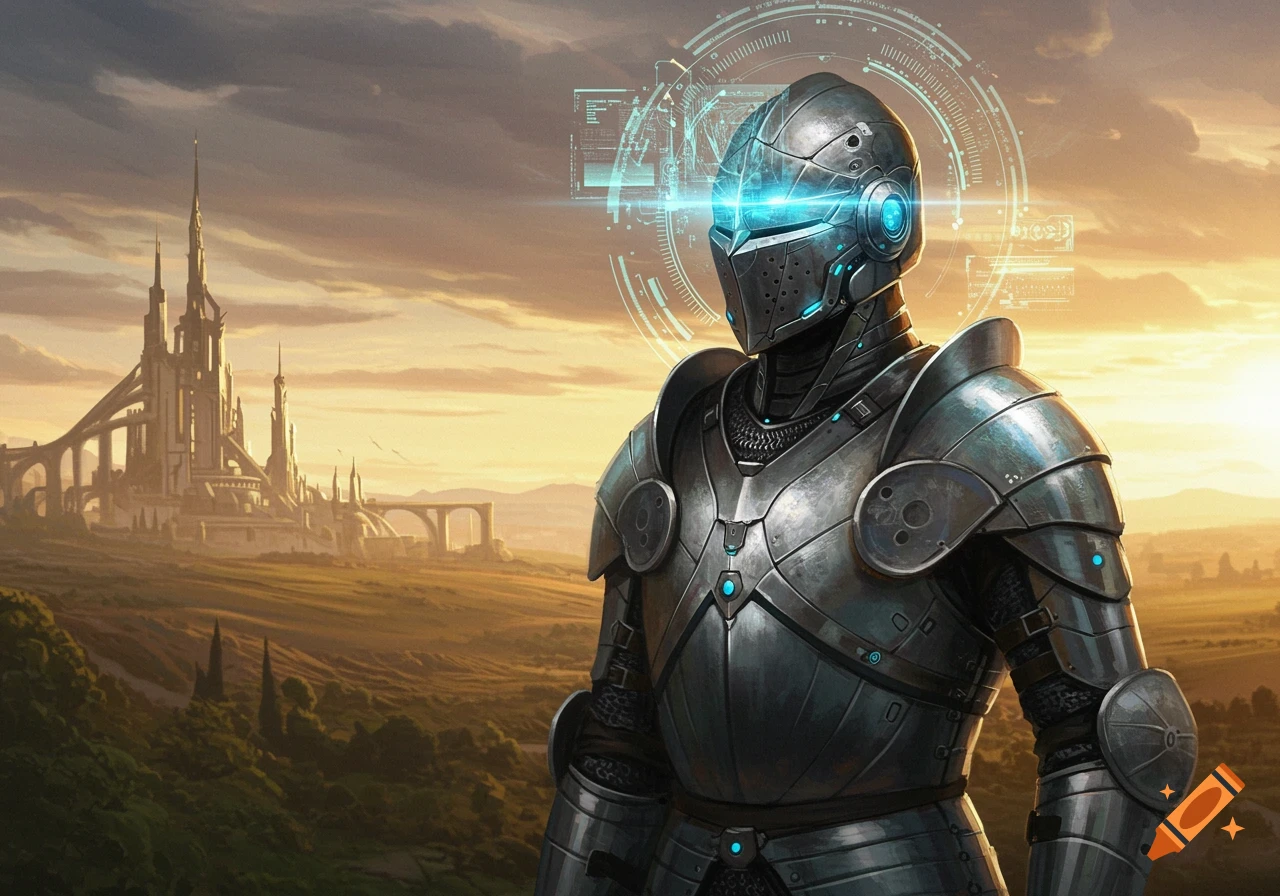 A futuristic knight in detailed armor with glowing blue accents stands before a sprawling medieval castle at sunset in a vast landscape.